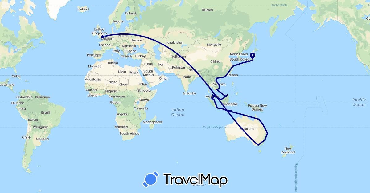 TravelMap itinerary: driving in Australia, Brunei, China, United Kingdom, Hong Kong, Indonesia, Japan, Malaysia, Singapore, Vietnam (Asia, Europe, Oceania)